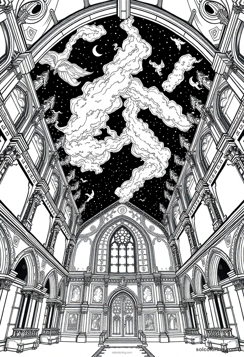 Enchanted Ceiling Showing a Stormy Night Sky Inside a Great Hall detailed coloring page for kids