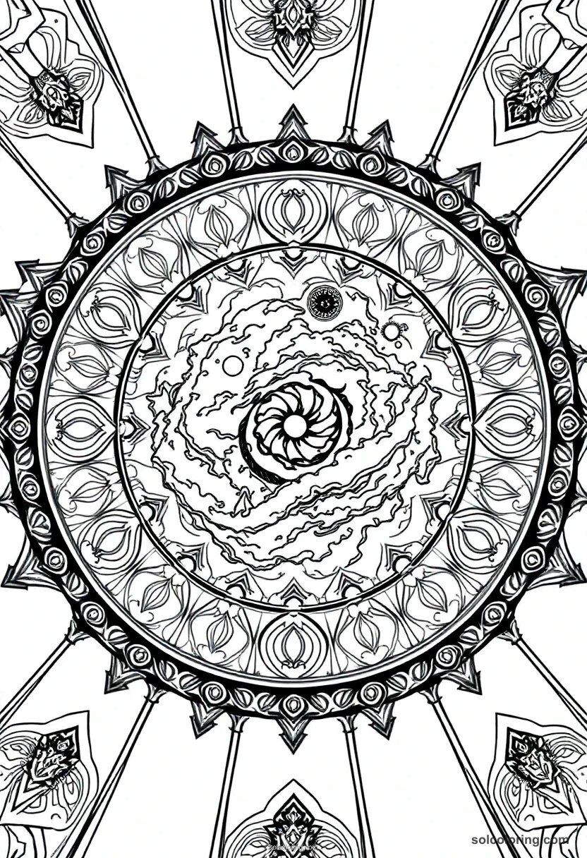 Mandala Enchanted Ceiling Showing a Stormy Night Sky Inside a Great Hall mandala coloring page for kids