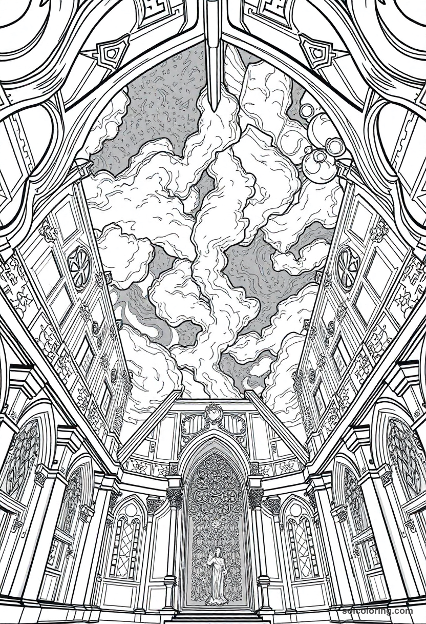 Enchanted Ceiling Showing a Stormy Night Sky Inside a Great Hall