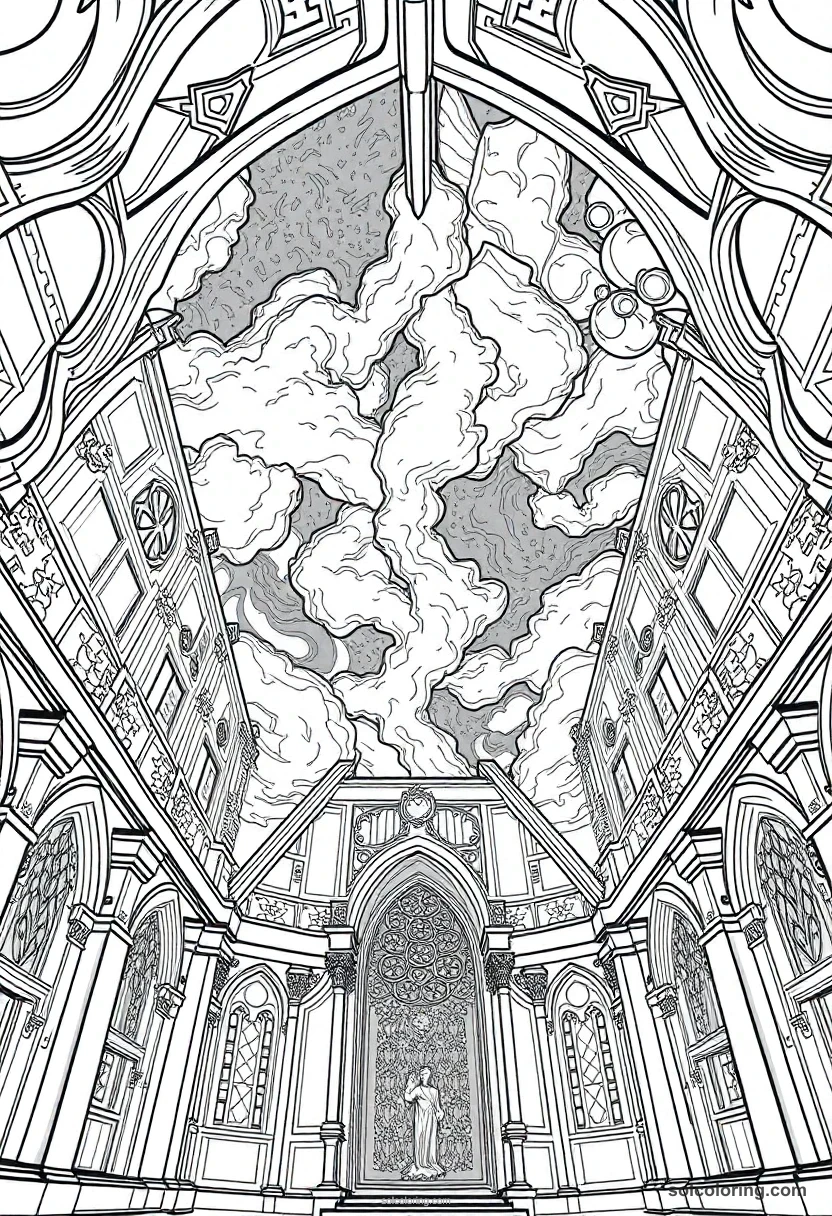 Enchanted Ceiling Showing A Stormy Night Sky Inside A Great Hall coloring pages