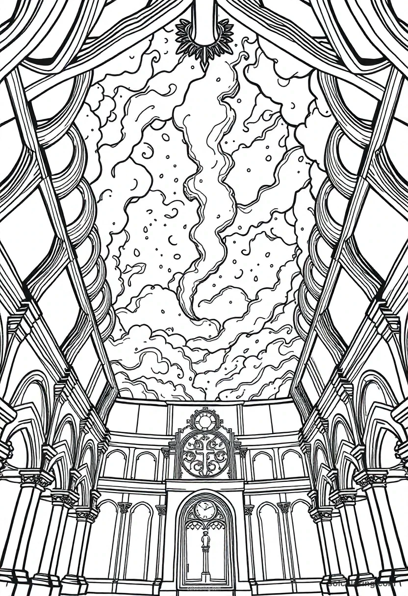 Simple Enchanted Ceiling Showing a Stormy Night Sky Inside a Great Hall simple coloring page for kids