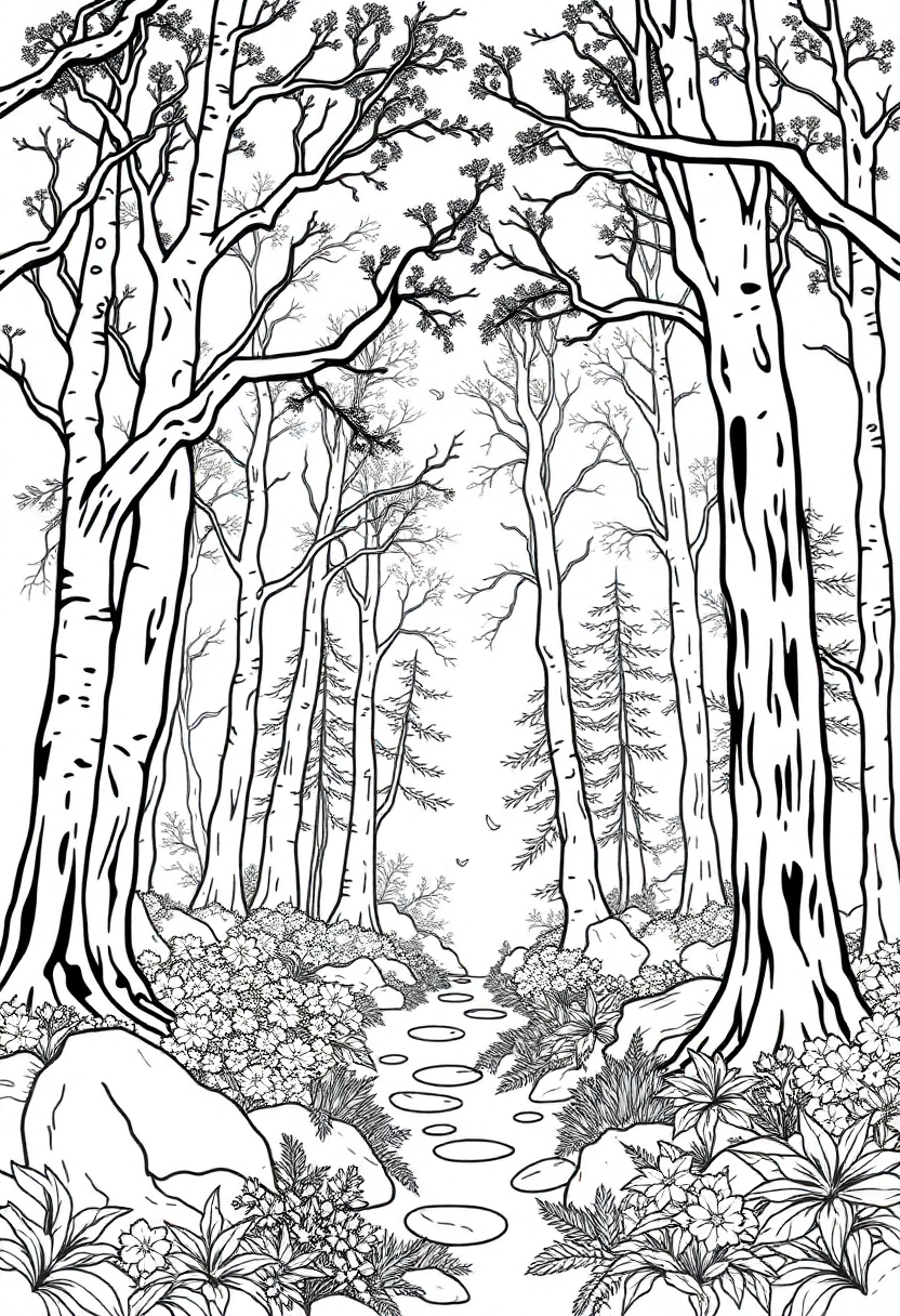 Enchanted Forest Clearing coloring page for kids