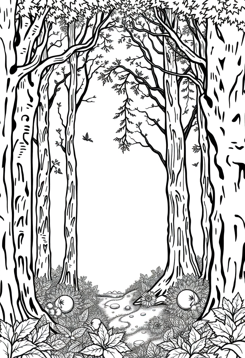 Enchanted Forest Clearing coloring page for kids