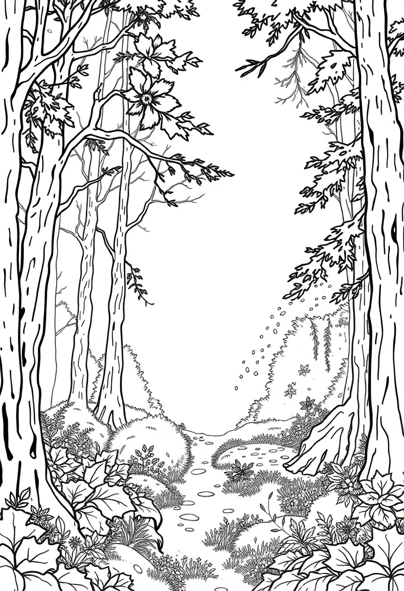 Enchanted Forest Clearing coloring page for kids