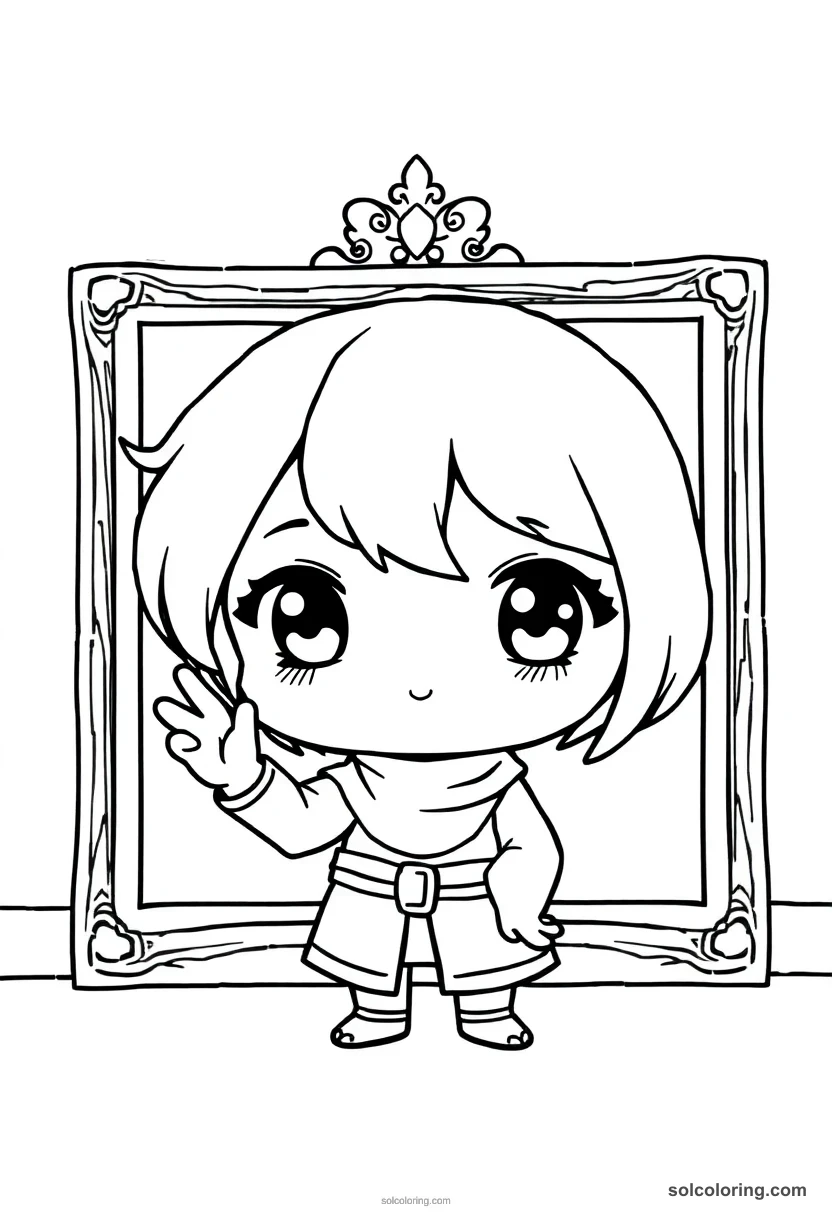 Chibi Enchanted Portrait Gallery with Painted Subjects That Talk and Wave chibi coloring page for kids