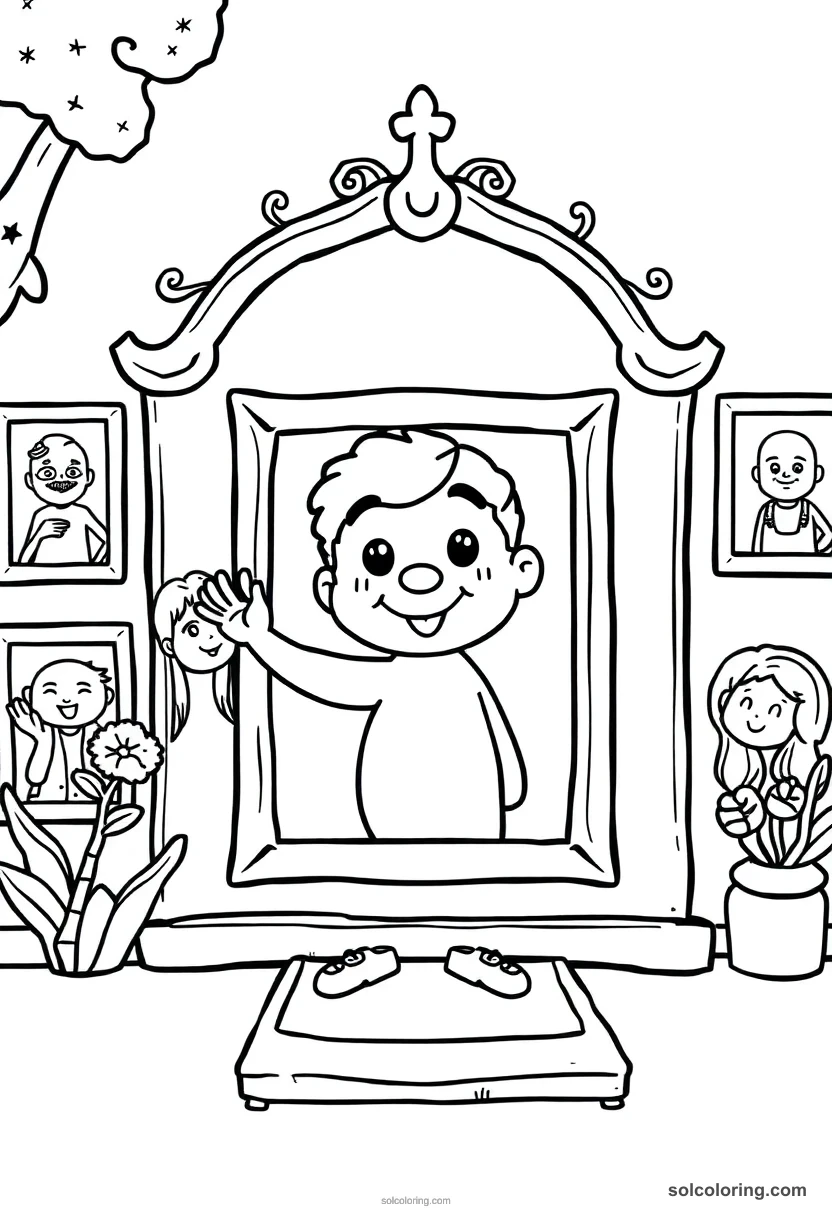 Cute Cartoon Enchanted Portrait Gallery with Painted Subjects That Talk and Wave cute cartoon coloring page for kids