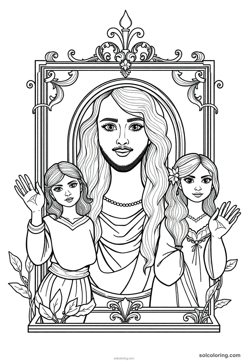 Enchanted Portrait Gallery With Painted Subjects That Talk and Wave coloring page for kids