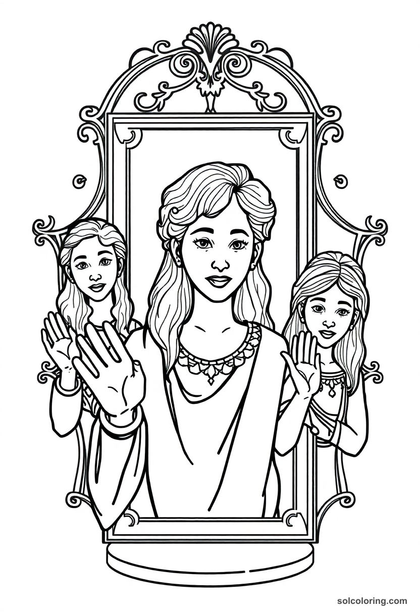 Coloring page showing magical portrait gallery with talking, waving painted figures in ornate frames