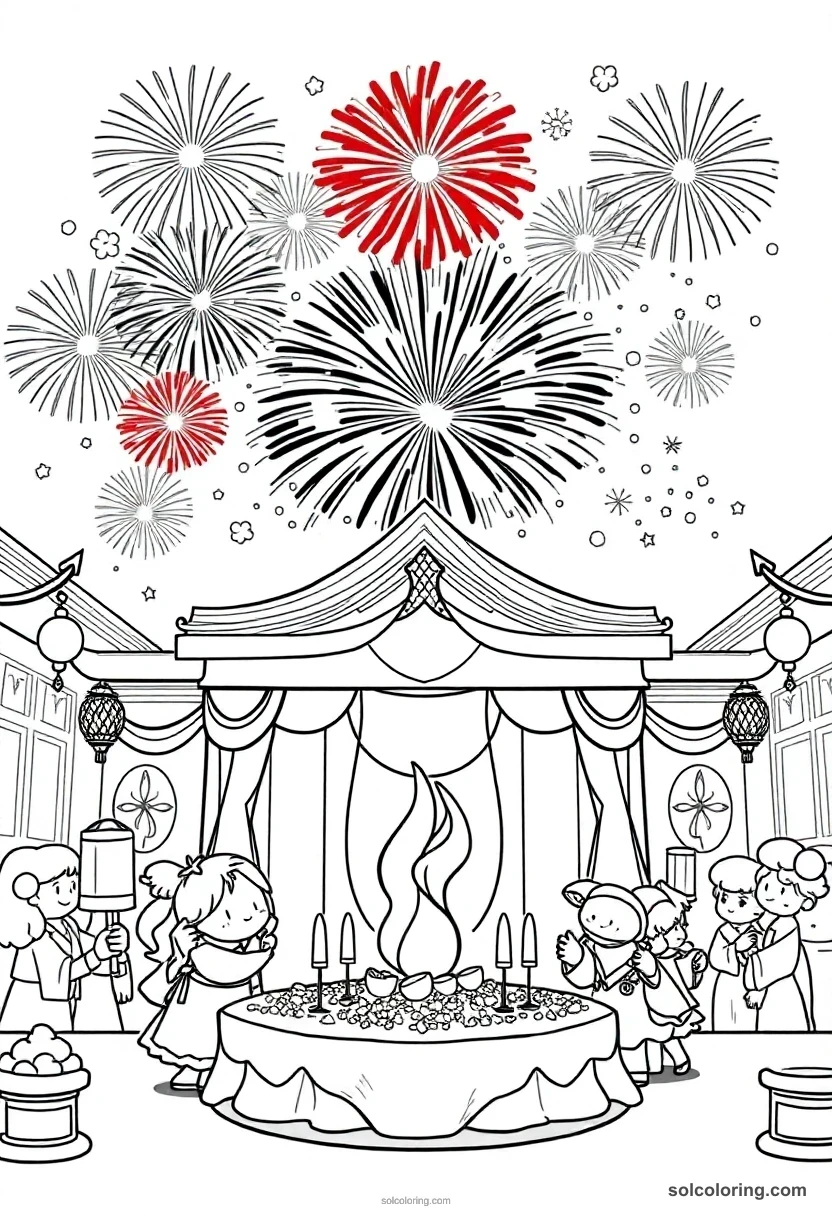 Chibi End-of-Year Feast with Magical Fireworks Bursting Above the Grand Hall chibi coloring page for kids