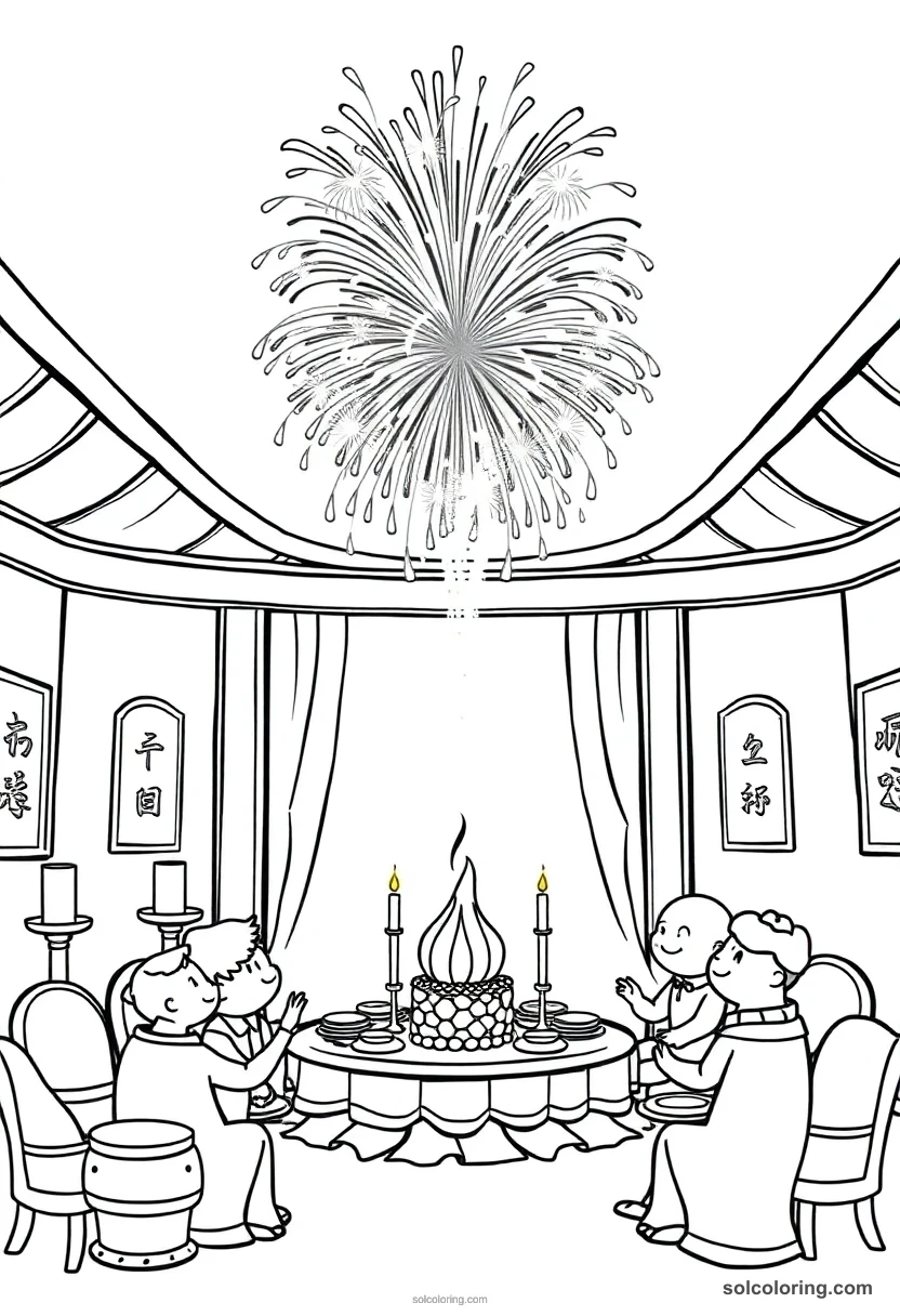 Cute Cartoon End-of-Year Feast with Magical Fireworks Bursting Above the Grand Hall cute cartoon coloring page for kids