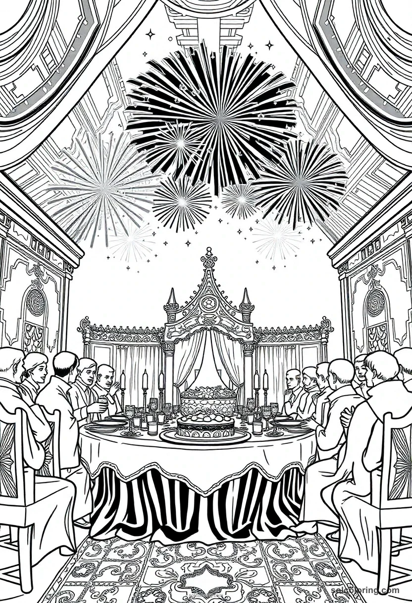 End-of-Year Feast with Magical Fireworks Bursting Above the Grand Hall detailed coloring page for kids