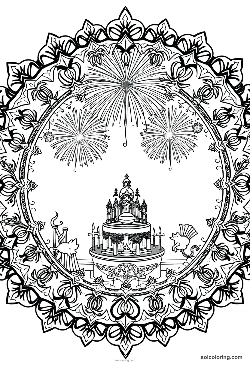 Mandala End-of-Year Feast with Magical Fireworks Bursting Above the Grand Hall mandala coloring page for kids
