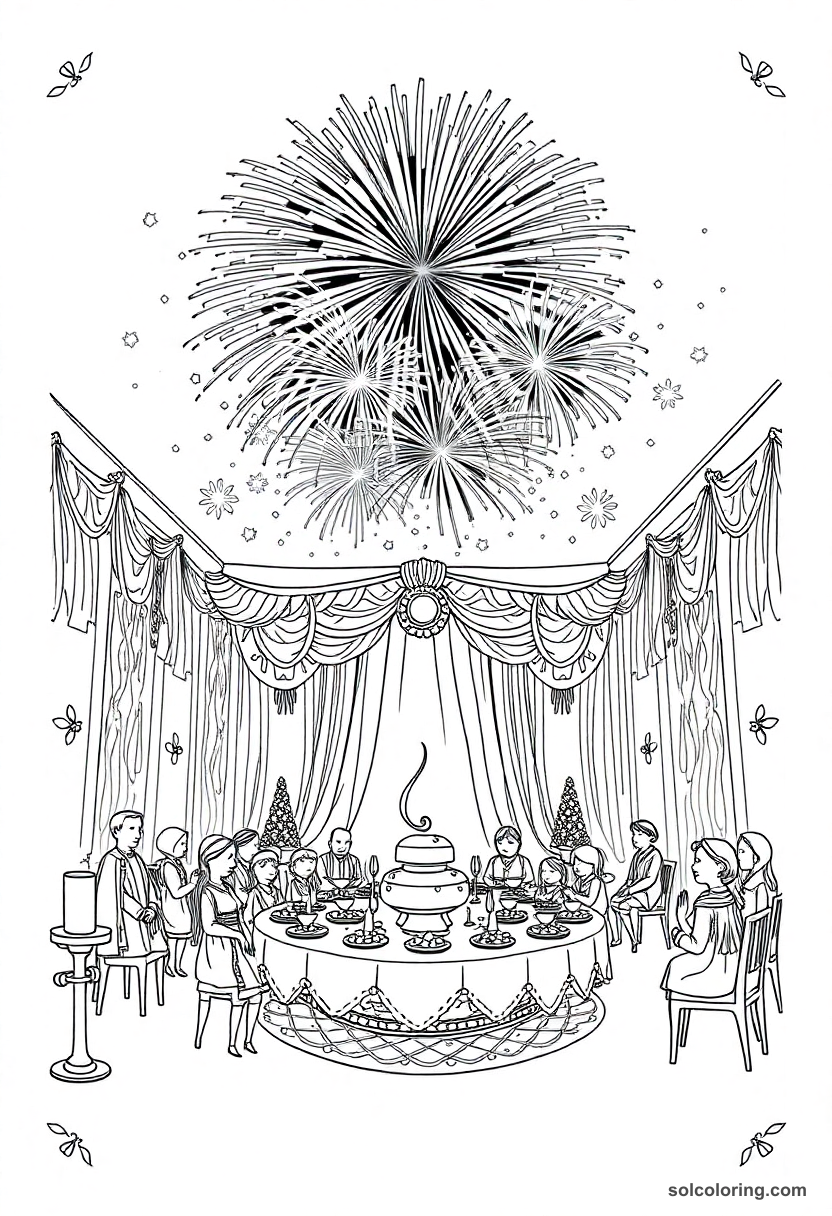 End-of-Year Feast coloring page showing grand hall with dining tables and magical fireworks bursting above