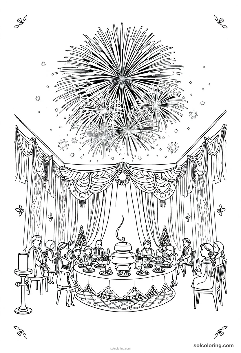 End Of Year Feast With Magical Fireworks Bursting Above The Grand Hall coloring pages