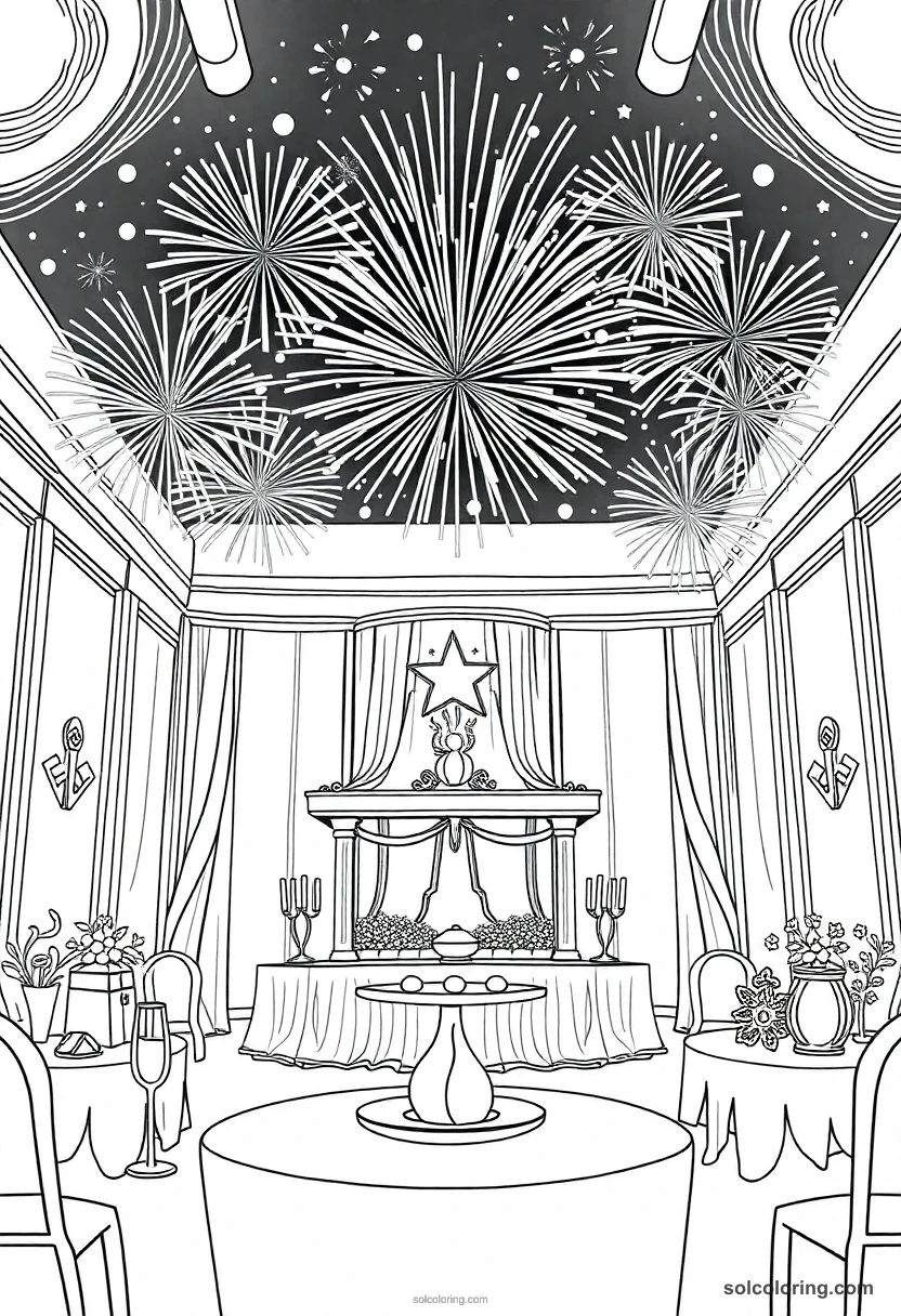 Simple End-of-Year Feast with Magical Fireworks Bursting Above the Grand Hall simple coloring page for kids