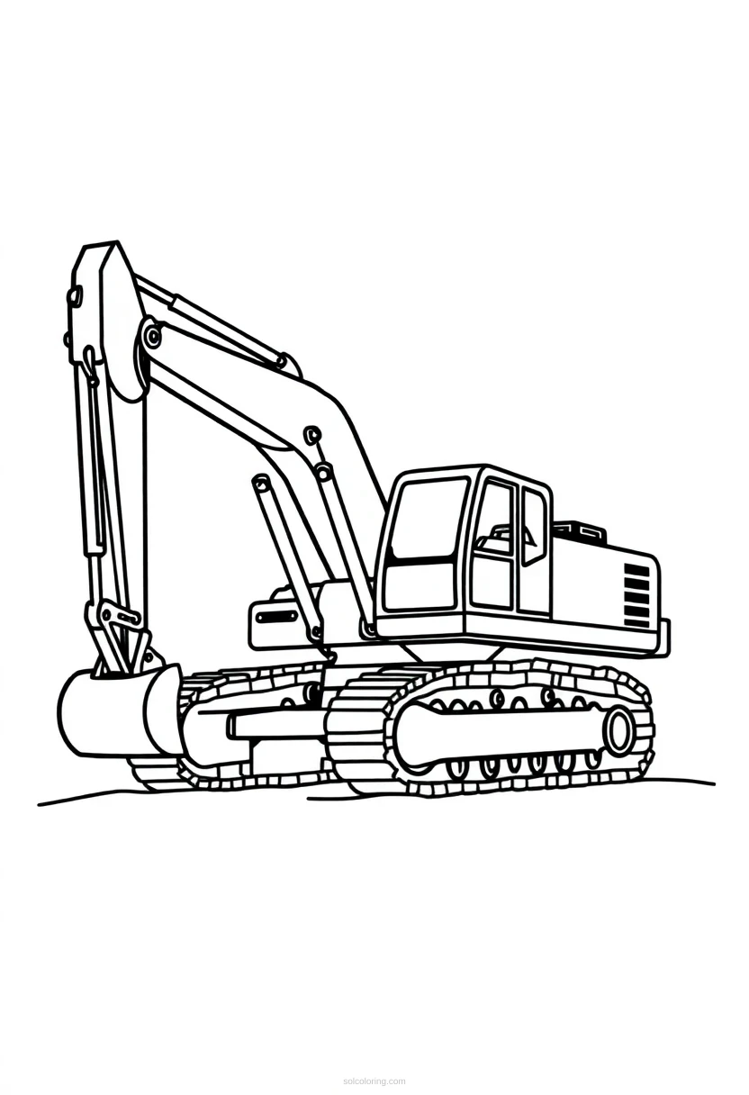 Simple realistic excavator coloring page with bold outlines showing construction digger with tracks, cab, and digging arm