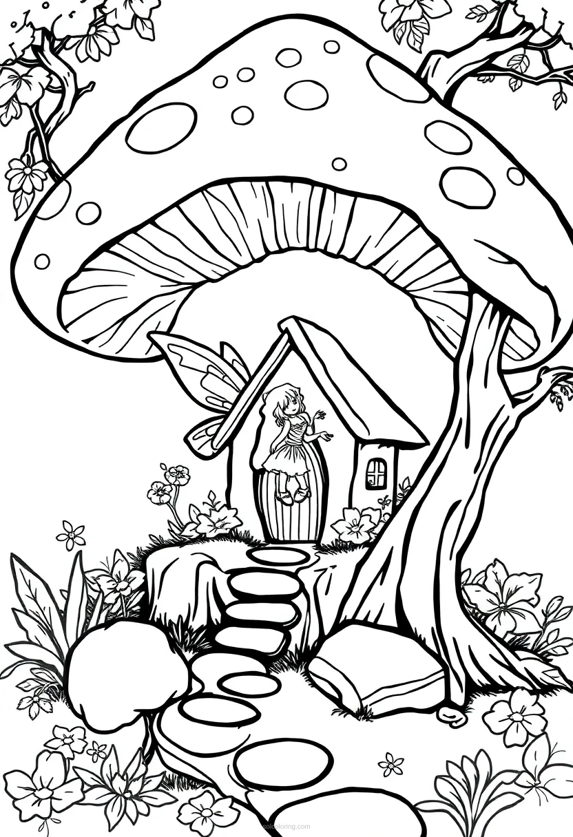 Fairy House in Mushroom coloring page for kids