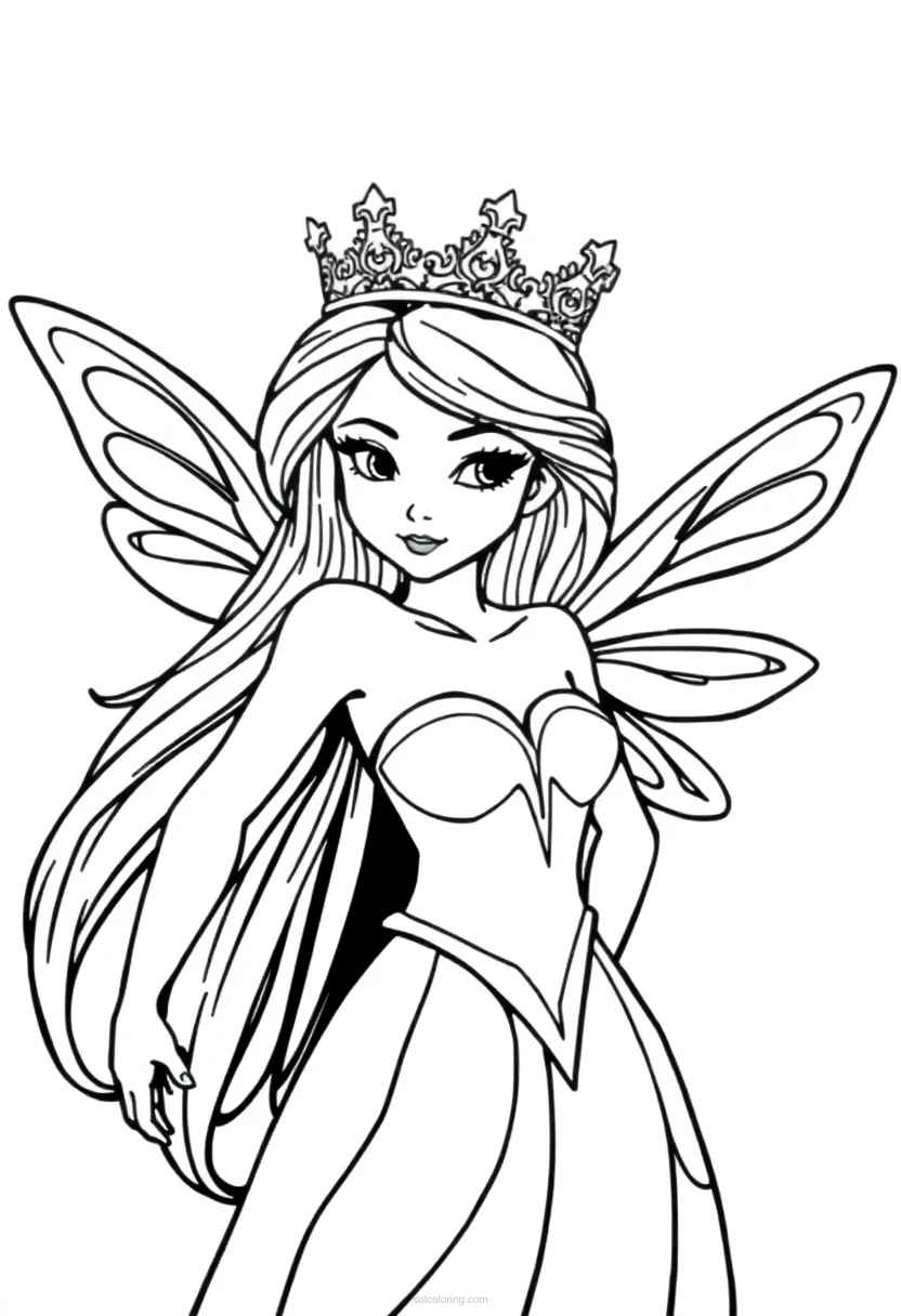 Fairy Princess with Crown coloring page for kids