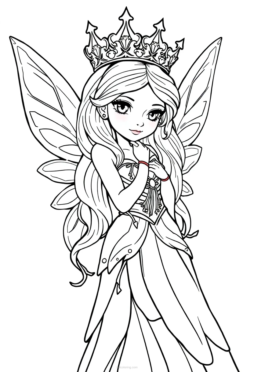 Fairy Princess with Crown coloring page for kids