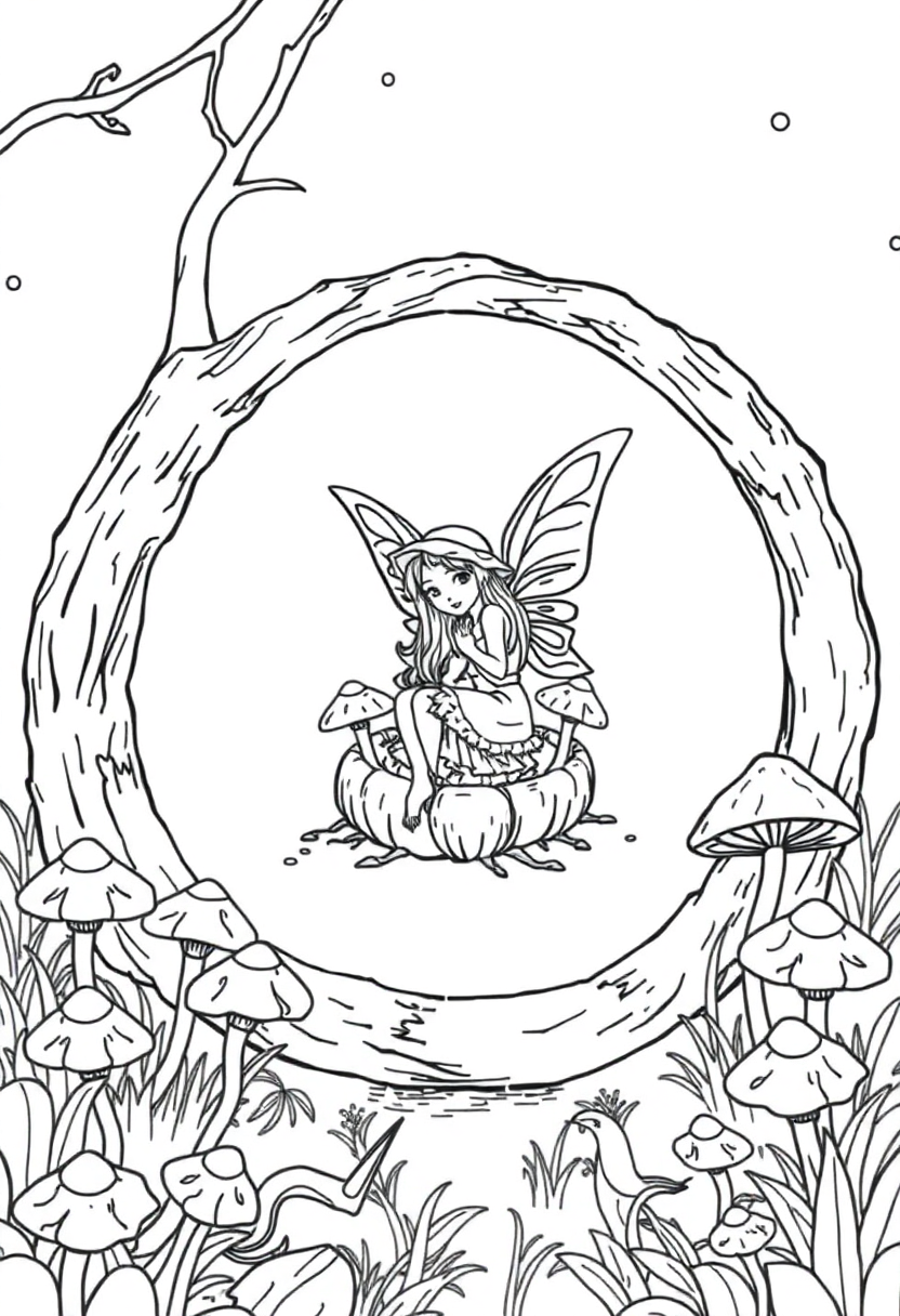 Fairy Ring with Mushrooms coloring page, free printable