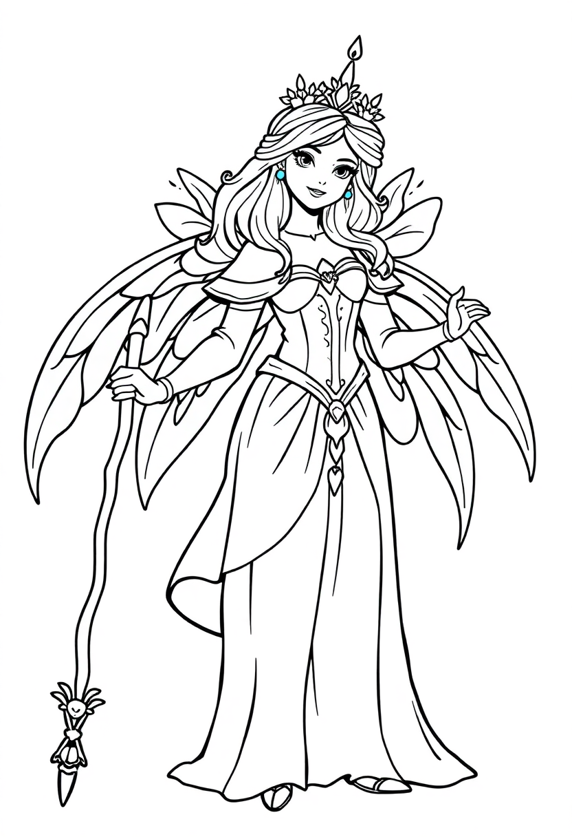 Fairy Tale Princess with Magic Staff coloring page, free printable