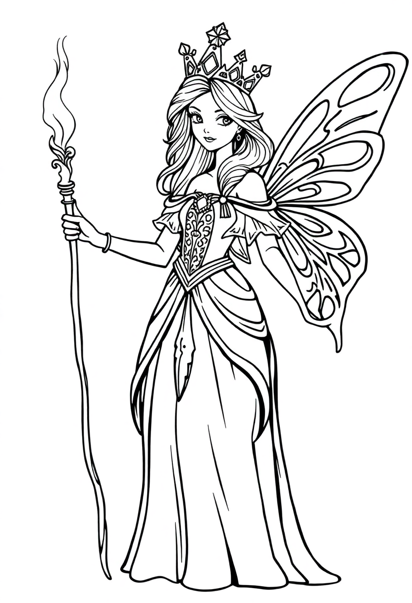 Fairy Tale Princess with Magic Staff coloring page, free printable