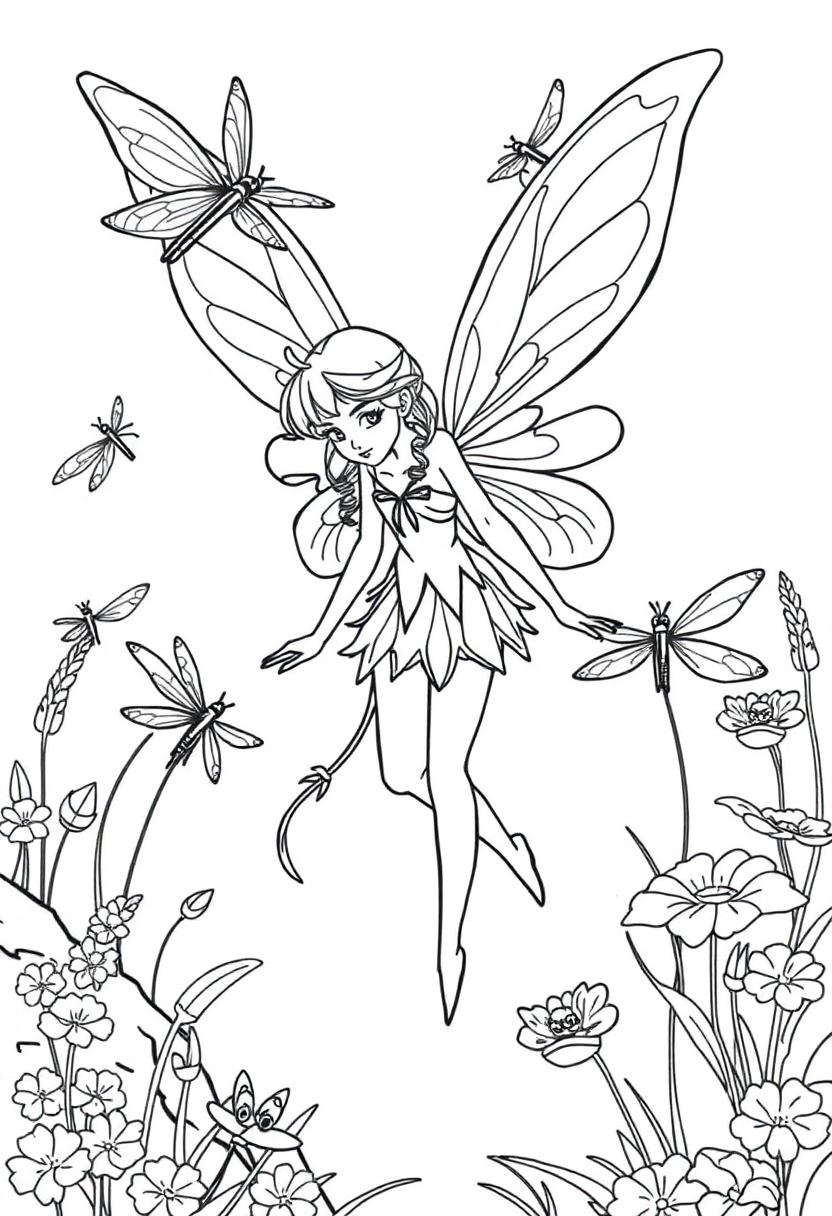 Fairy with Dragonfly Friends coloring page, free printable