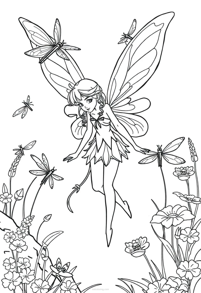 Fairy with Dragonfly Friends coloring page for kids
