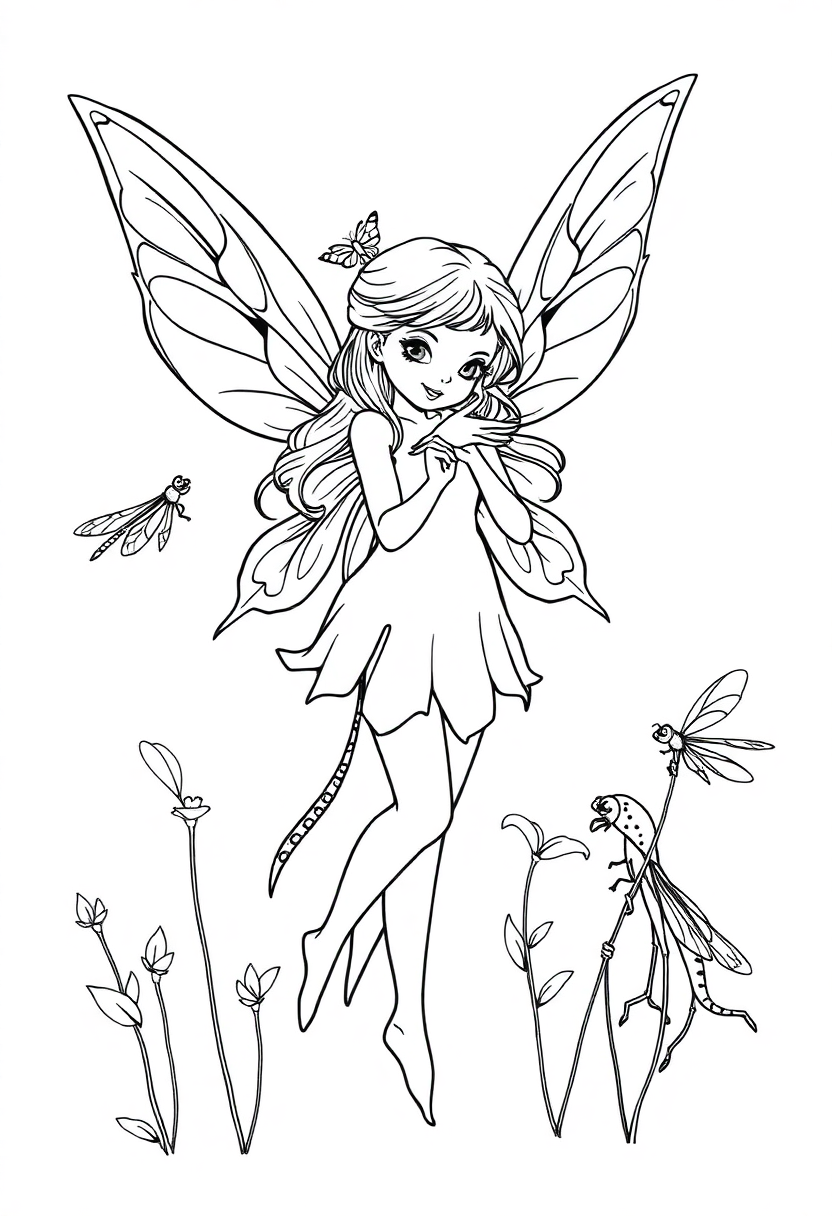 Fairy with Dragonfly Friends coloring page, free printable