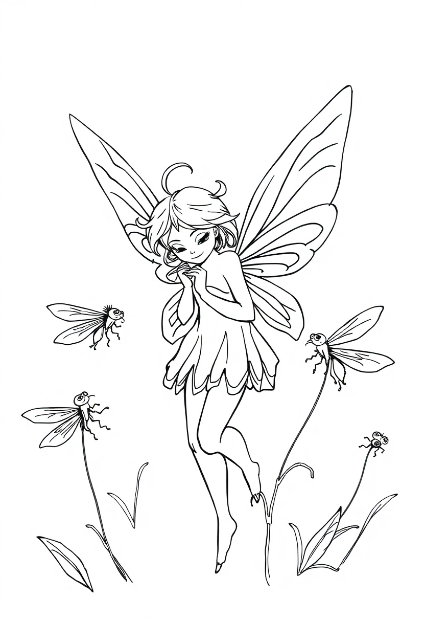 Fairy with Dragonfly Friends coloring page, free printable
