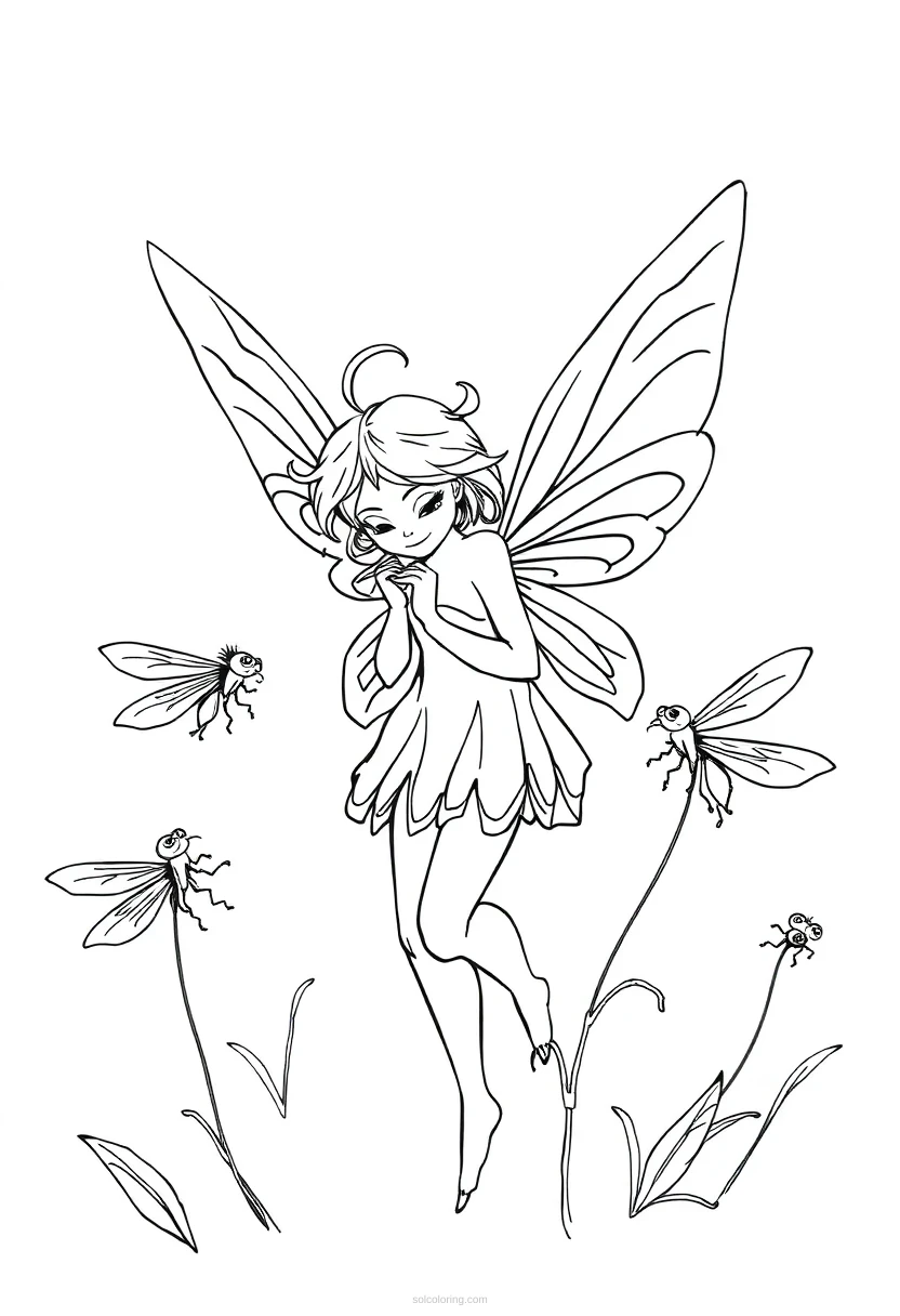 Fairy with Dragonfly Friends coloring page for kids