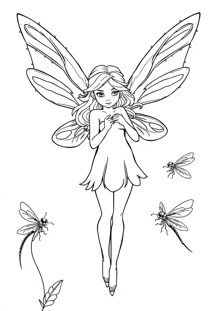 Fairy with Dragonfly Friends coloring page, free printable