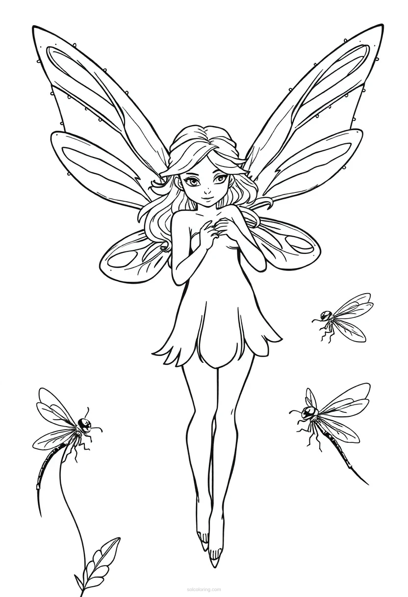 Fairy with Dragonfly Friends coloring page for kids