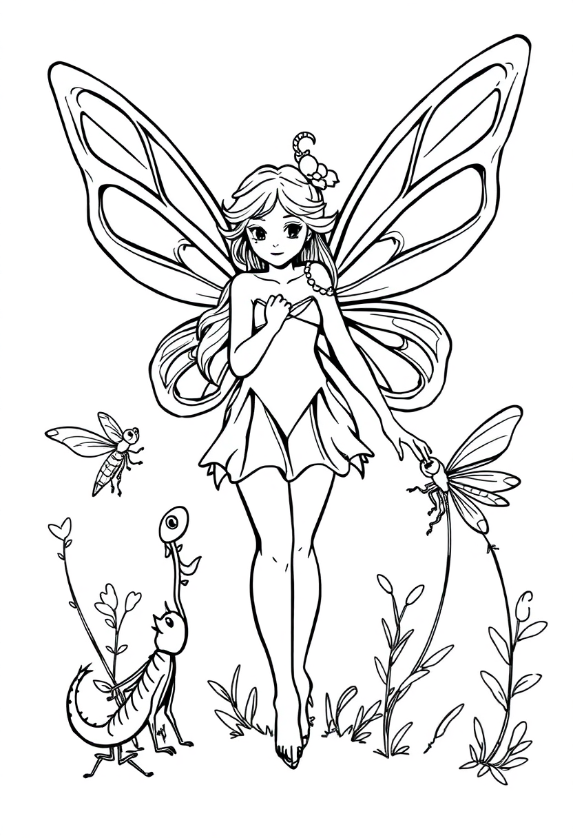 Fairy With Dragonfly Friends coloring pages
