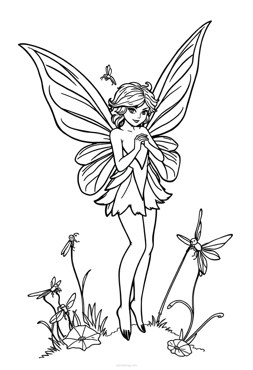 Fairy with Dragonfly Friends coloring page for kids