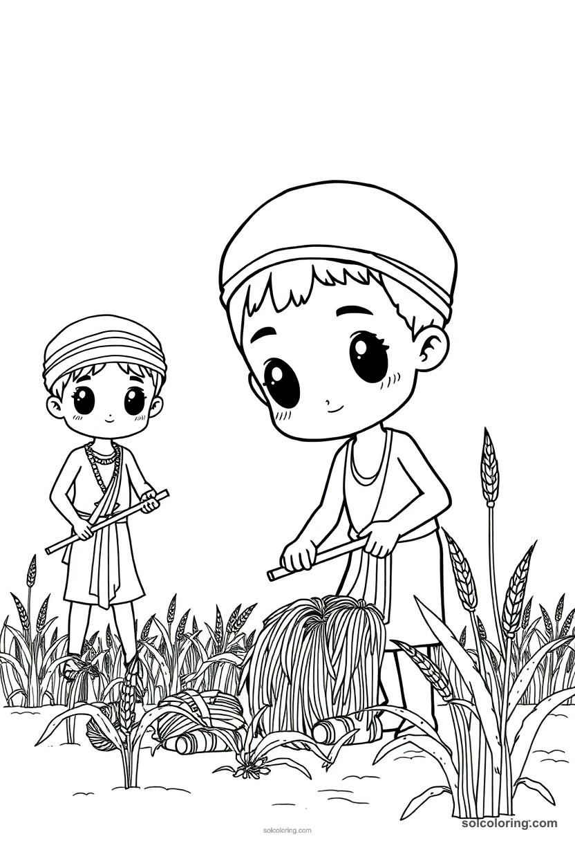 Chibi Farmers Harvesting Wheat Along the Nile chibi coloring page for kids