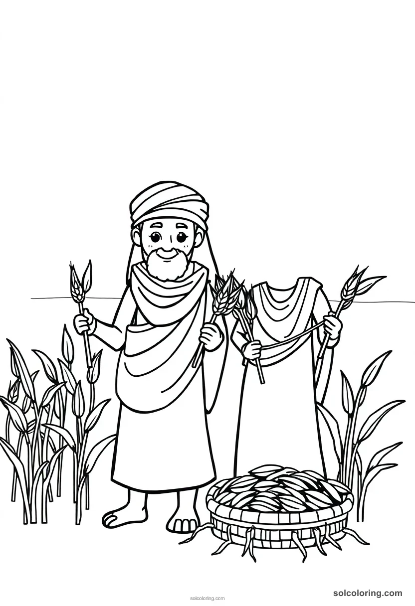 Cute Cartoon Farmers Harvesting Wheat Along the Nile cute cartoon coloring page for kids