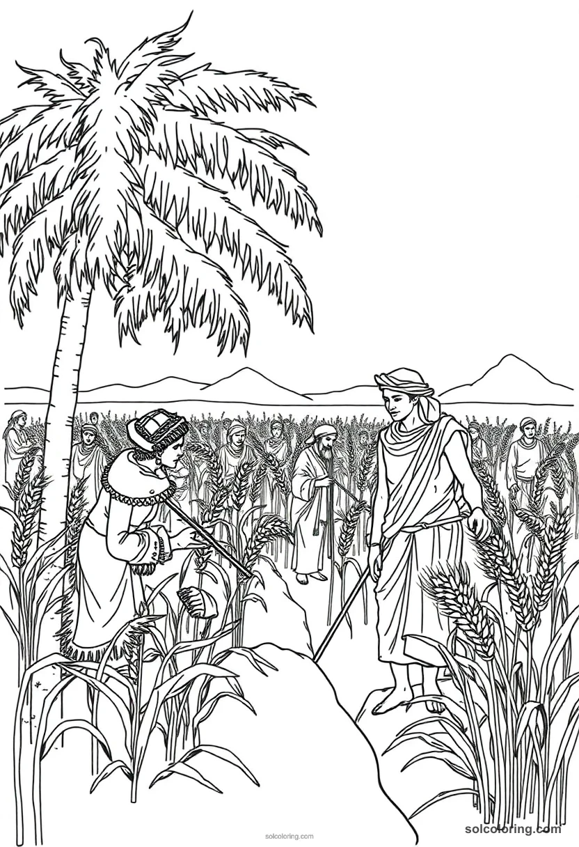 Farmers Harvesting Wheat Along the Nile detailed coloring page for kids
