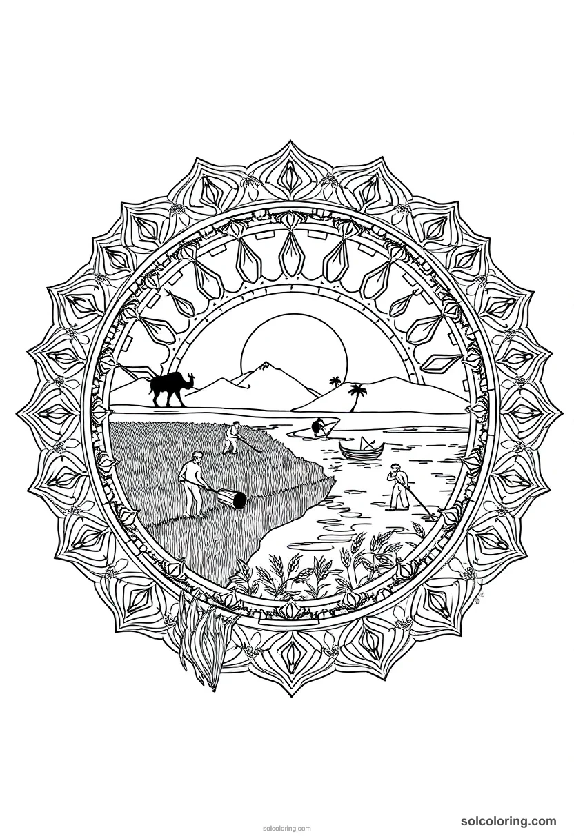 Mandala Farmers Harvesting Wheat Along the Nile mandala coloring page for kids