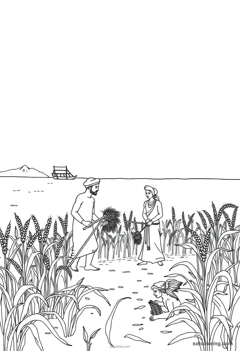 Farmers Harvesting Wheat Along The Nile coloring pages