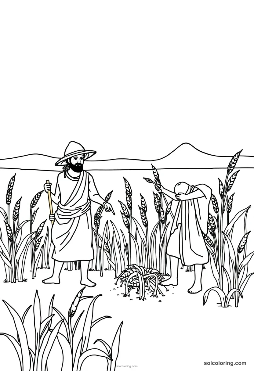 Simple Farmers Harvesting Wheat Along the Nile simple coloring page for kids