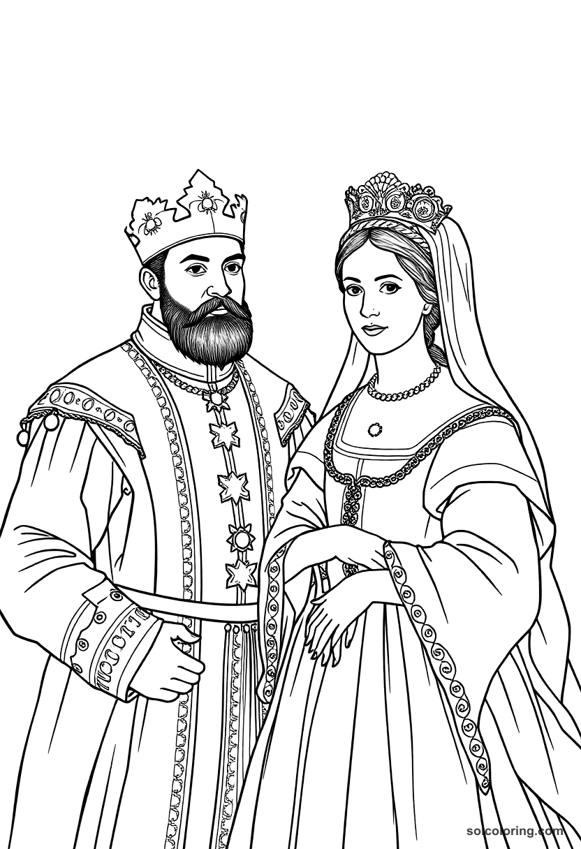 Ferdinand and Isabella of Spain coloring page, free printable detailed style