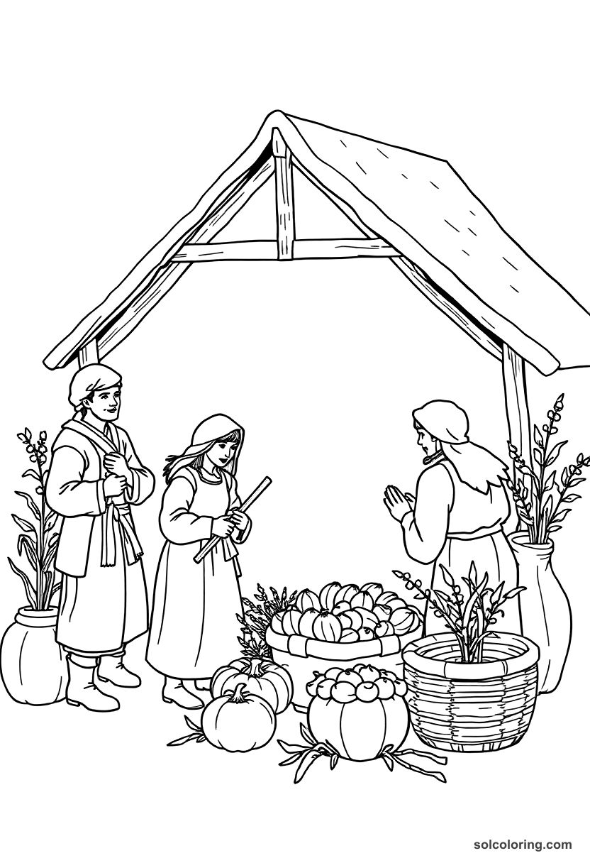Simple Feudal European Peasant Harvest Festival coloring page, free printable simple style
