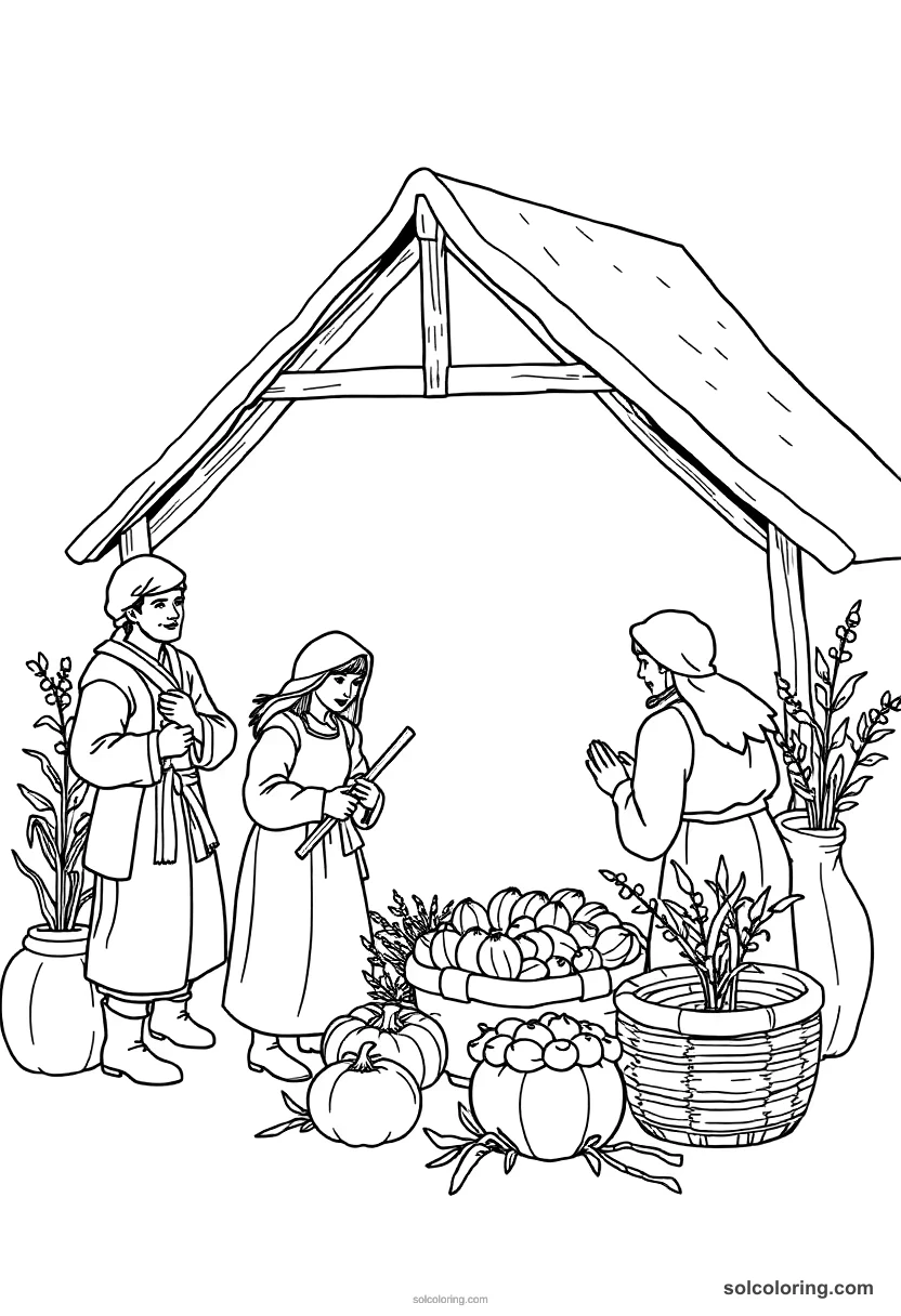 Simple Feudal European Peasant Harvest Festival simple coloring page for kids