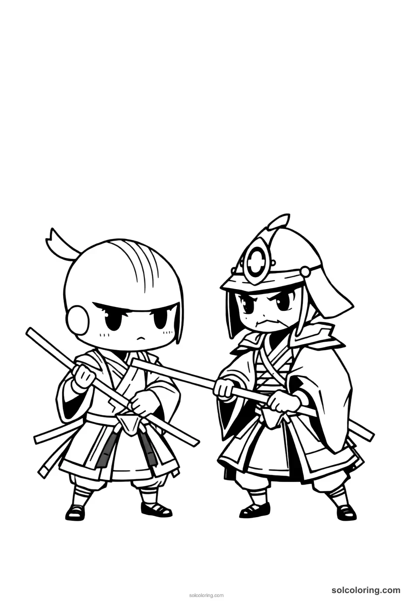 Chibi Feudal Japanese Samurai Duel chibi coloring page for kids