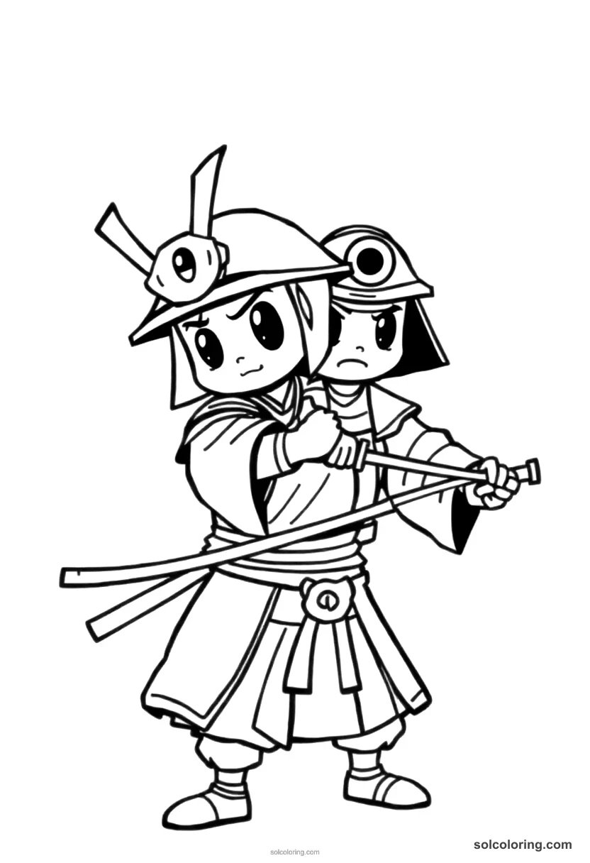 Cute Cartoon Feudal Japanese Samurai Duel cute cartoon coloring page for kids