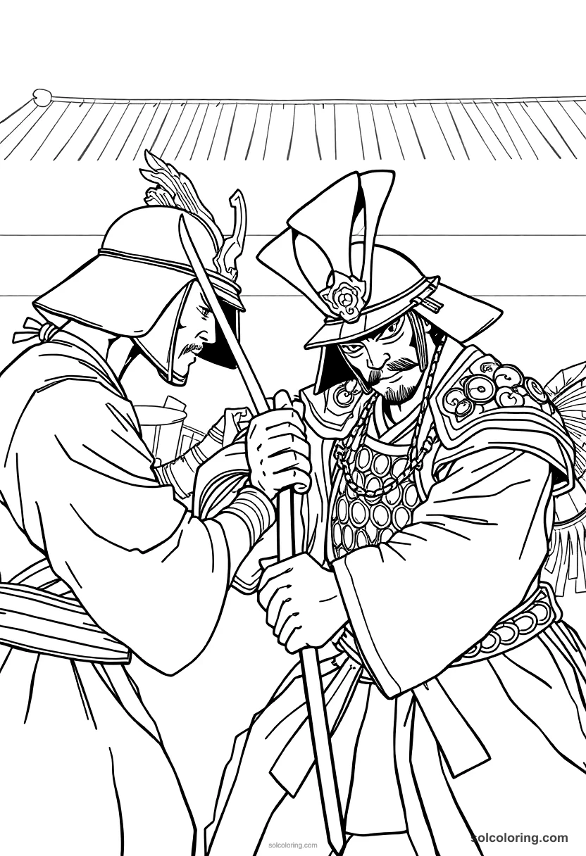 Feudal Japanese Samurai Duel detailed coloring page for kids