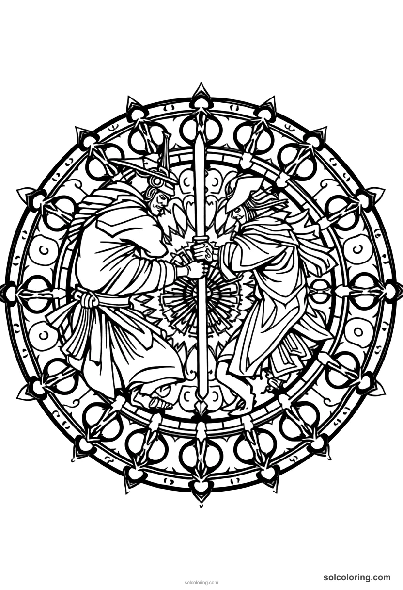 Mandala Feudal Japanese Samurai Duel mandala coloring page for kids