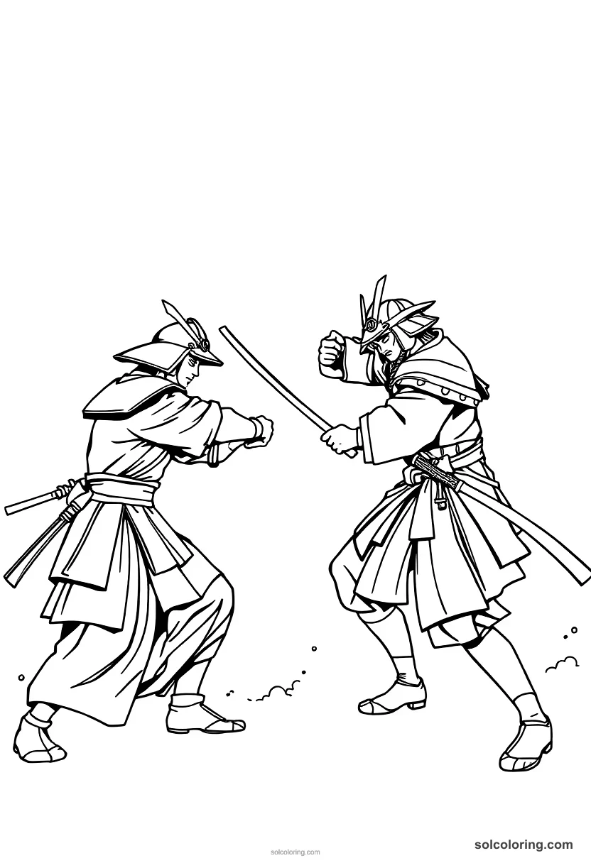 Simple Feudal Japanese Samurai Duel simple coloring page for kids
