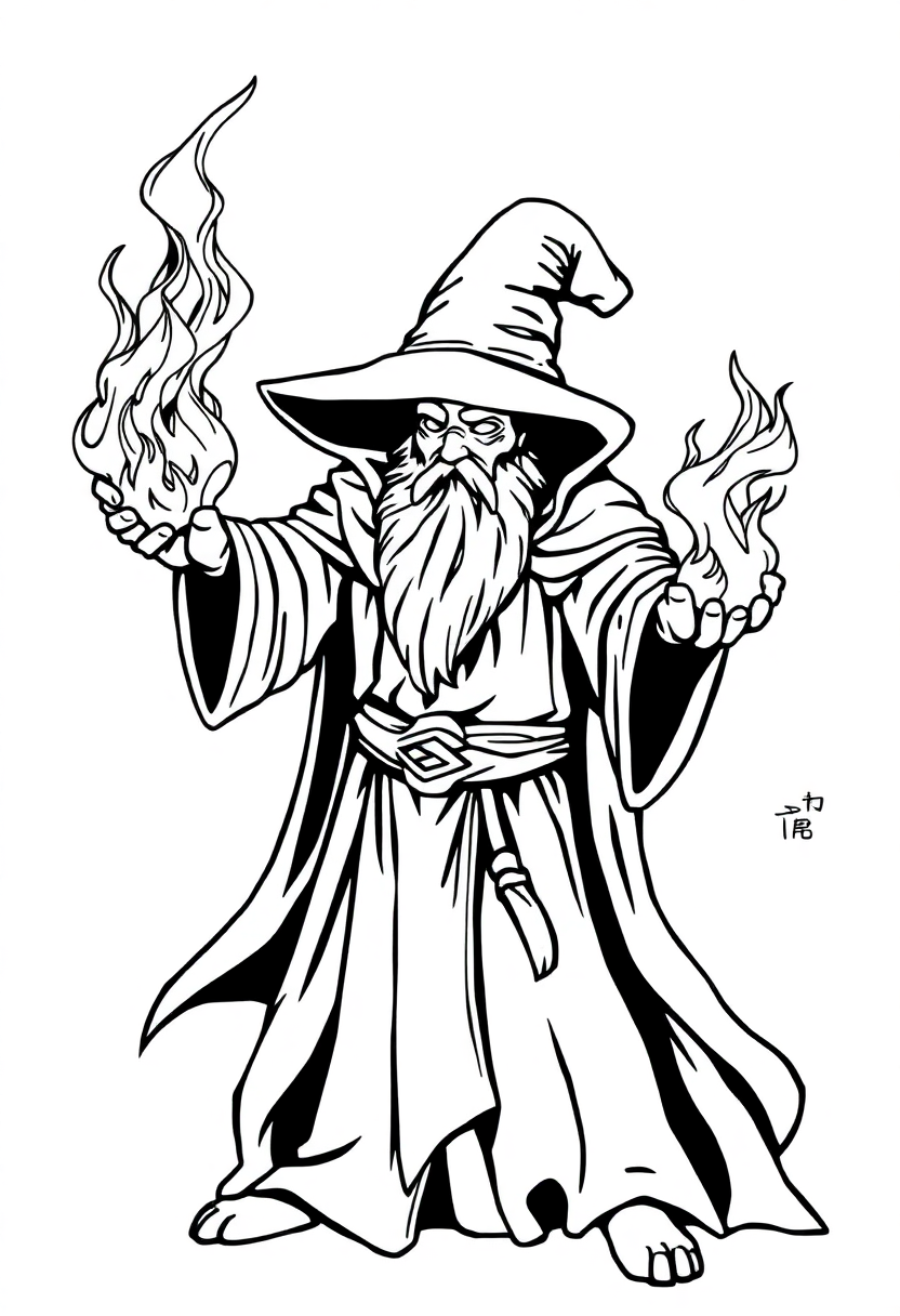 Fire Wizard Conjuring Flames coloring page for kids